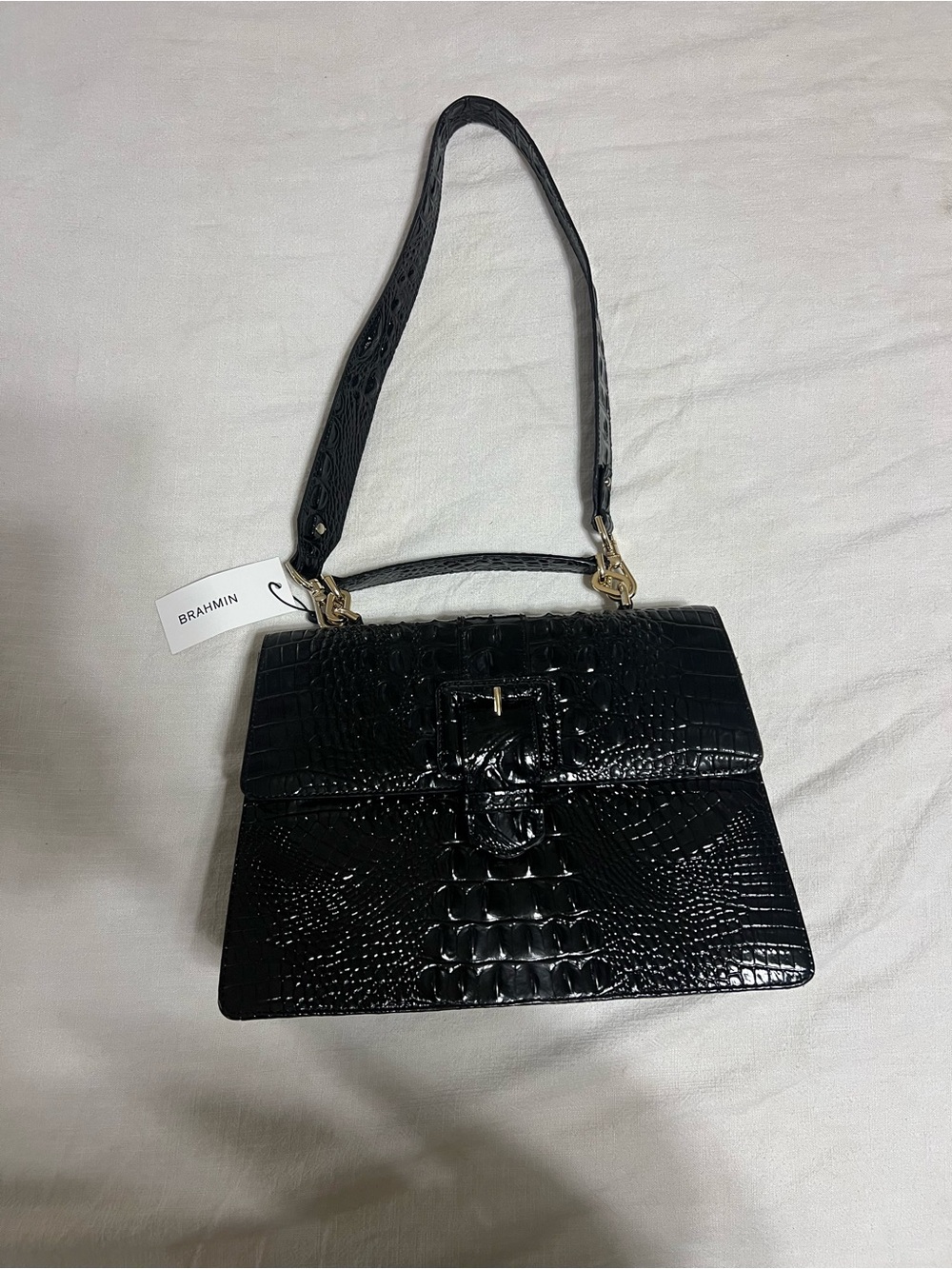 Brahmin Hallie Melbourne Black Croc-Embossed Leather Satchel - Picture 7 of 11